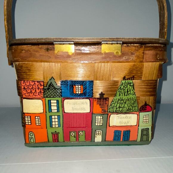 COFER’S Atlanta Handpainted Woven Wooden Basket Purse Fabric Lined VINTAGE - Picture 5 of 8